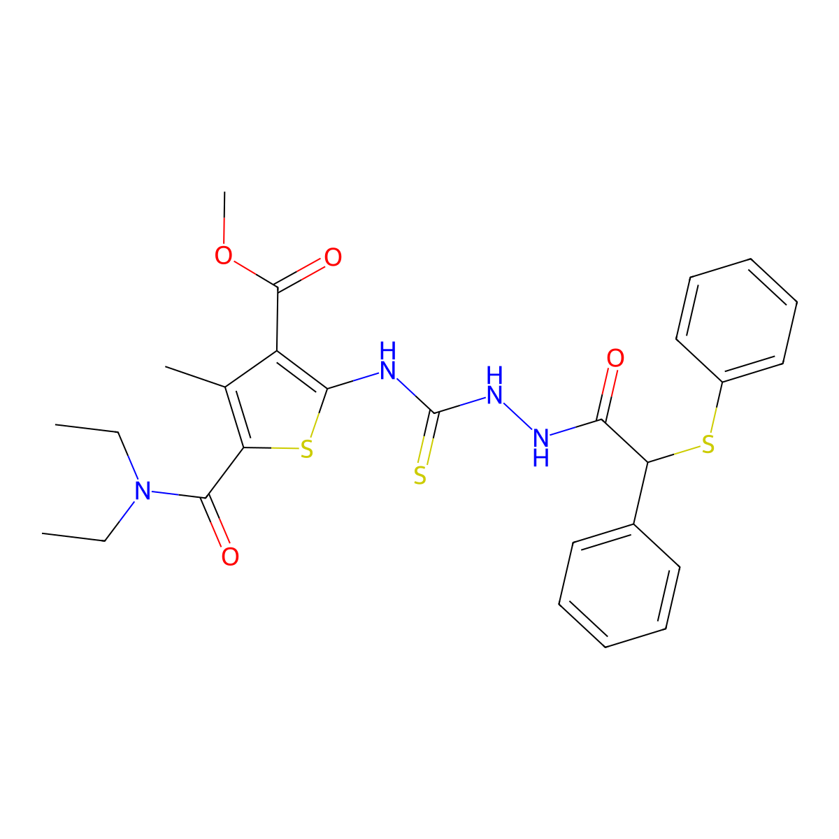 Methyl 5-(diethylcarbamoyl)-4-methyl-2-[({2-[phenyl(phenylsulfanyl)acetyl]hydrazinyl}carbonothioyl)amino]thiophene-3-carboxylate molecular structure, CAS 701288-09-7