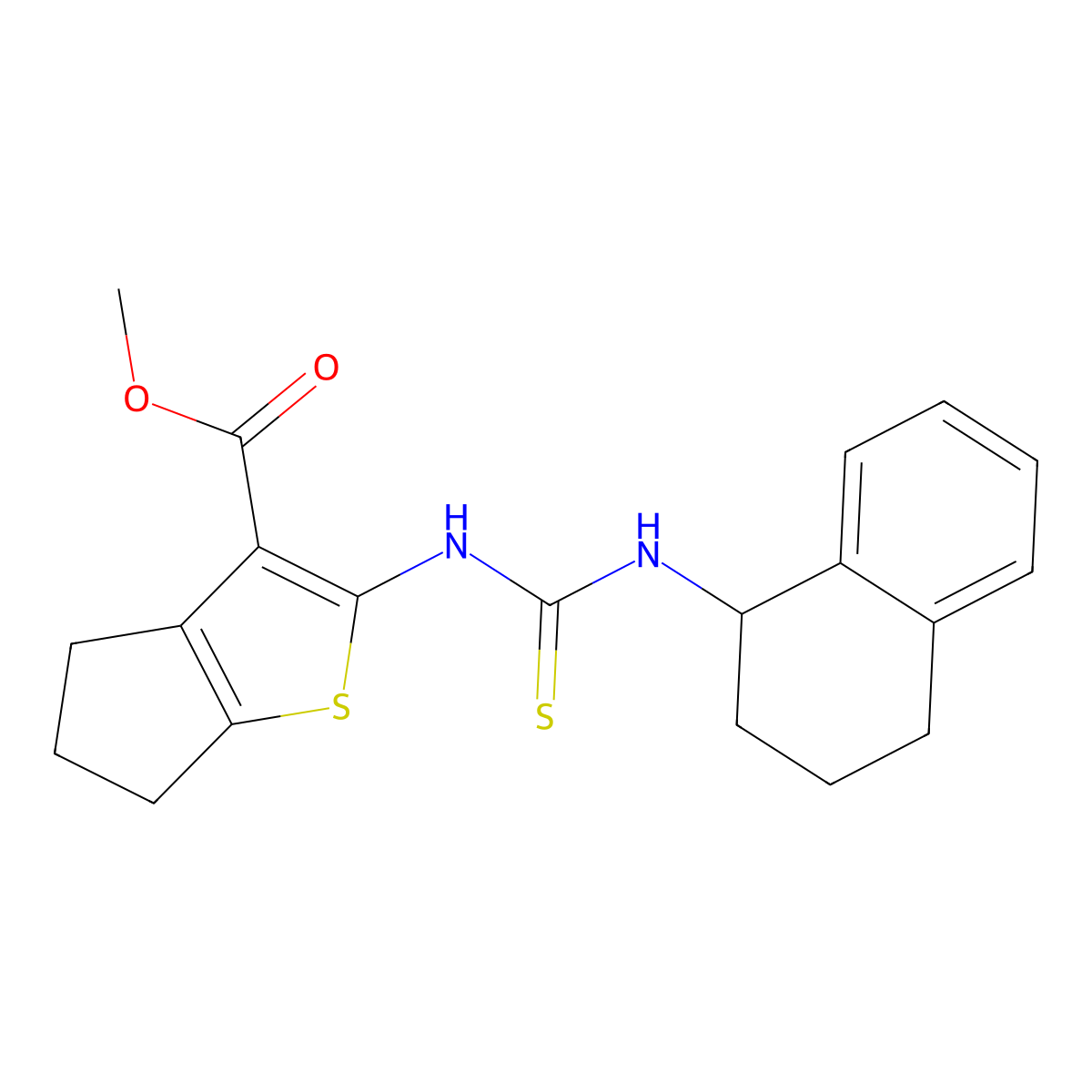 methyl 2-[(1,2,3,4-tetrahydronaphthalen-1-ylcarbamothioyl)amino]-5,6-dihydro-4H-cyclopenta[b]thiophene-3-carboxylate molecular structure, CAS 701288-13-3