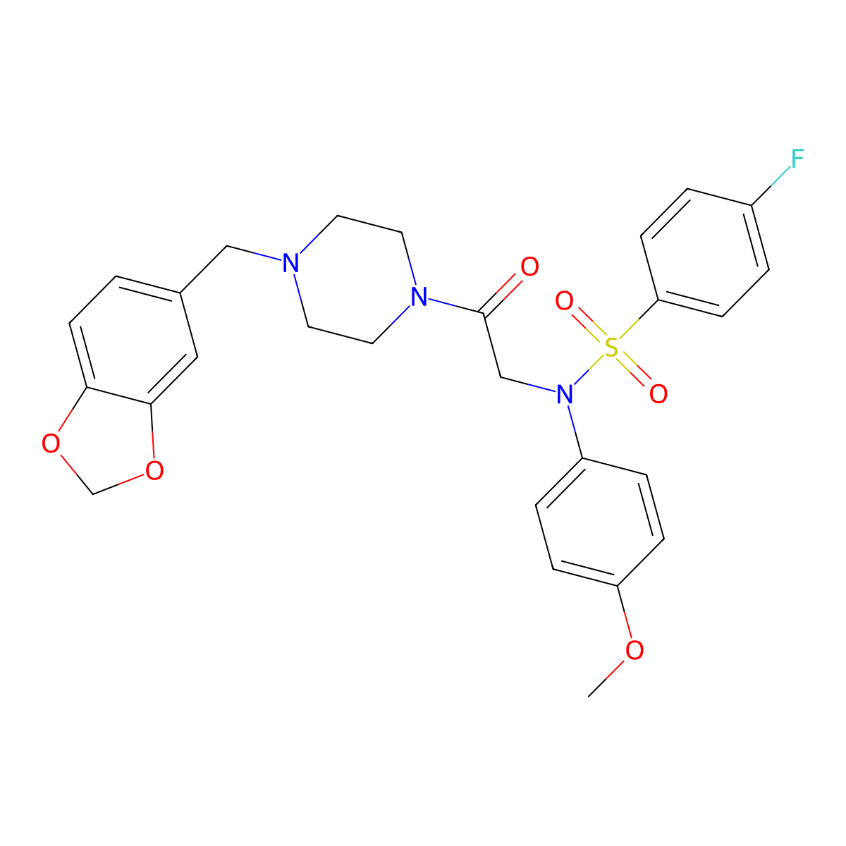 N-[2-[4-(1,3-benzodioxol-5-ylmethyl)piperazin-1-yl]-2-oxoethyl]-4-fluoro-N-(4-methoxyphenyl)benzenesulfonamide molecular structure, CAS 701288-27-9