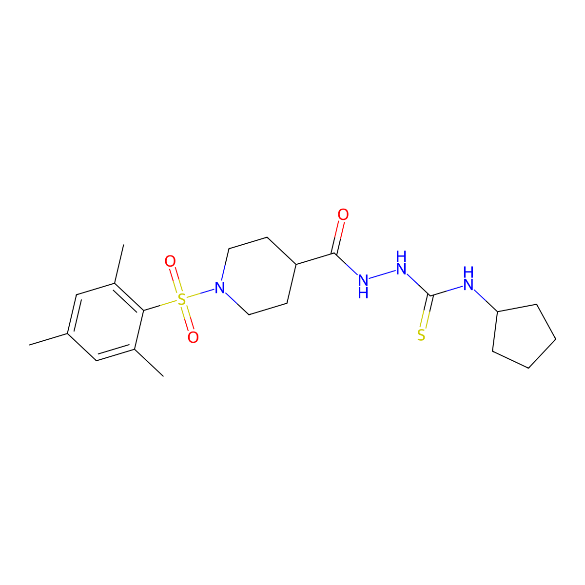 1-Cyclopentyl-3-[[1-(2,4,6-trimethylphenyl)sulfonylpiperidine-4-carbonyl]amino]thiourea molecular structure, CAS 701288-63-3