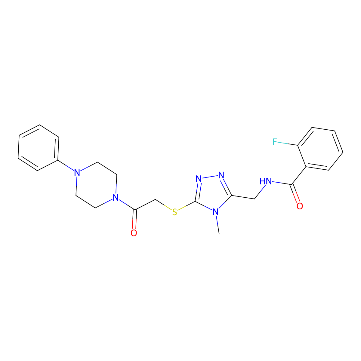 2-fluoro-N-[[4-methyl-5-[2-oxo-2-(4-phenylpiperazin-1-yl)ethyl]sulfanyl-1,2,4-triazol-3-yl]methyl]benzamide molecular structure, CAS 701288-72-4