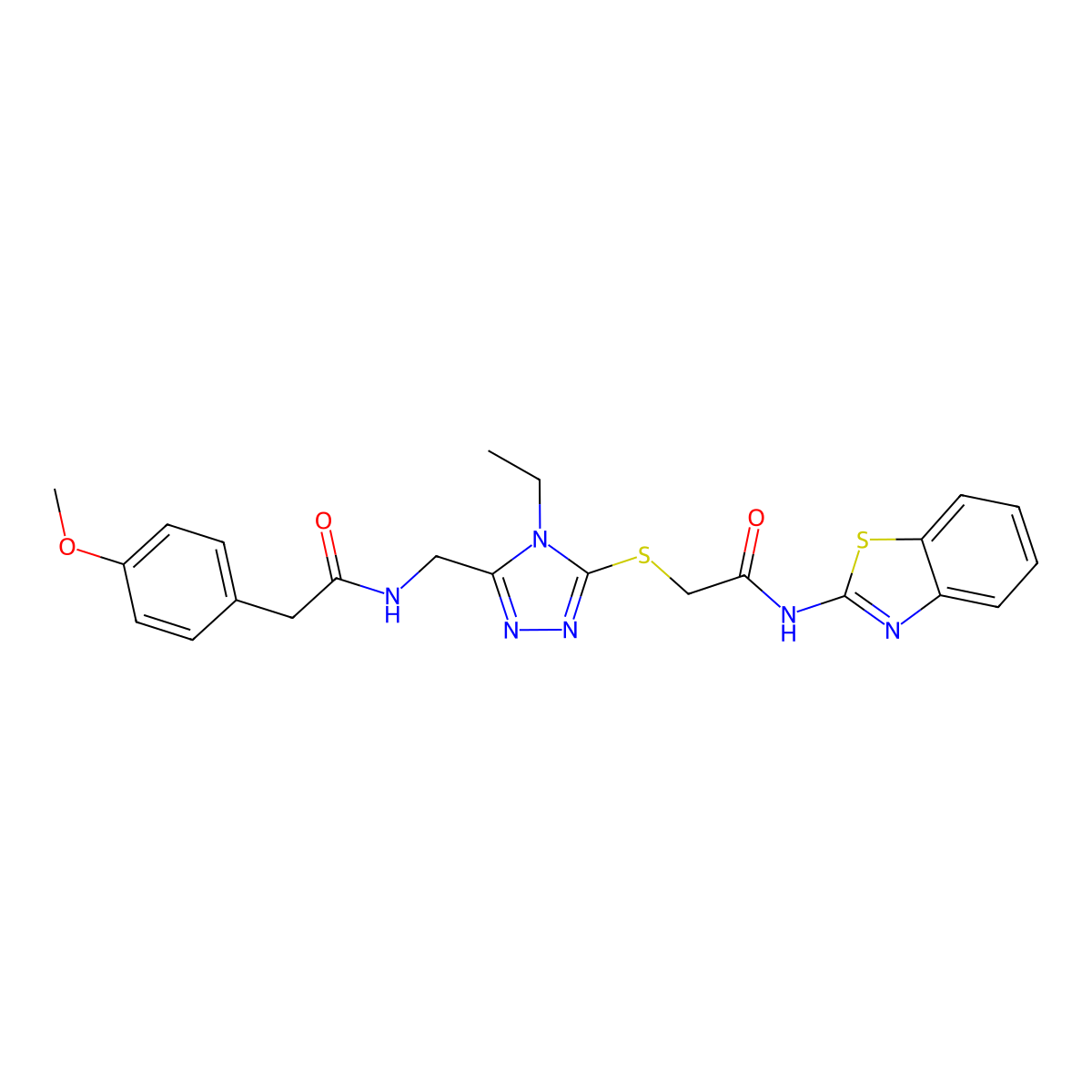N-(1,3-benzothiazol-2-yl)-2-{[4-ethyl-5-({[(4-methoxyphenyl)acetyl]amino}methyl)-4H-1,2,4-triazol-3-yl]sulfanyl}acetamide molecular structure, CAS 701290-58-6