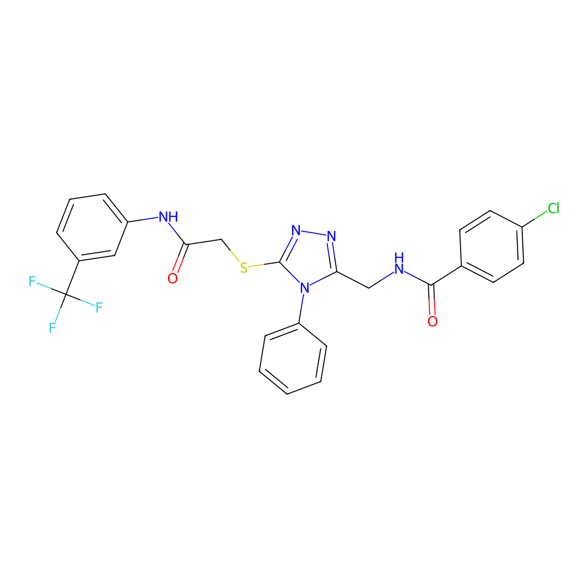 4-chloro-N-[[5-[2-oxo-2-[3-(trifluoromethyl)anilino]ethyl]sulfanyl-4-phenyl-1,2,4-triazol-3-yl]methyl]benzamide molecular structure, CAS 701290-85-9