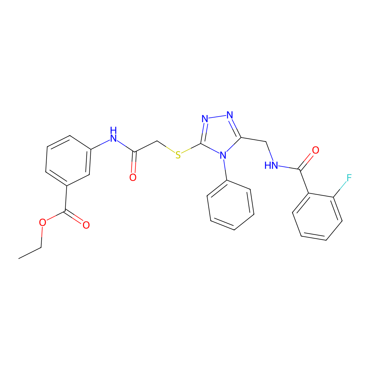ethyl 3-[({[5-({[(2-fluorophenyl)carbonyl]amino}methyl)-4-phenyl-4H-1,2,4-triazol-3-yl]sulfanyl}acetyl)amino]benzoate molecular structure, CAS 701290-98-4