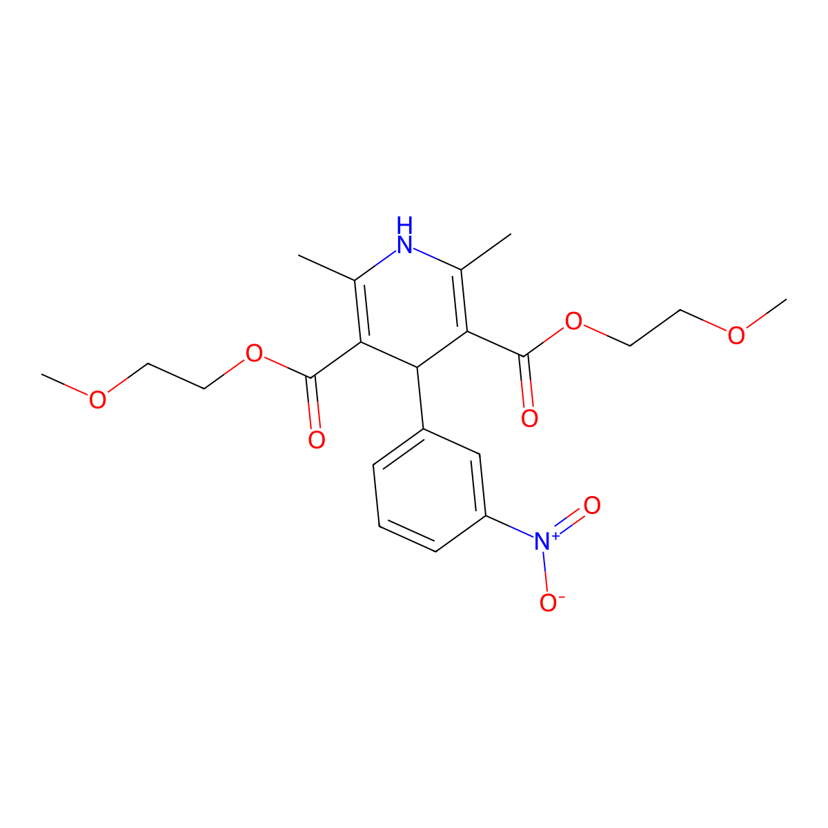 Bis(2-methoxyethyl) 2,6-dimethyl-4-(3-nitrophenyl)-1,4-dihydropyridine-3,5-dicarboxylate molecular structure, CAS 70172-96-2