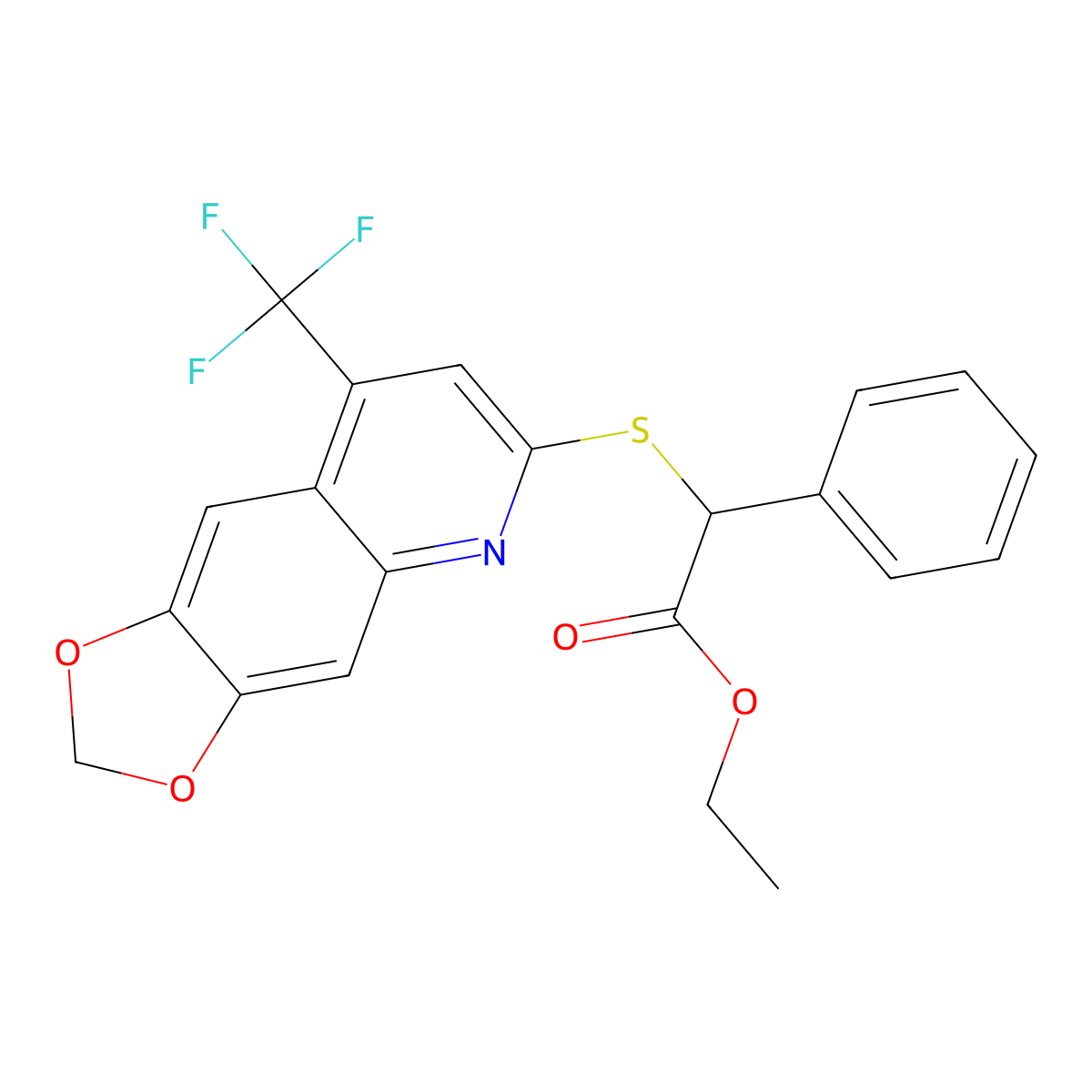 Ethyl 2-phenyl-2-{[8-(trifluoromethyl)-2H-[1,3]dioxolo[4,5-G]quinolin-6-YL]sulfanyl}acetate molecular structure, CAS 701920-34-5