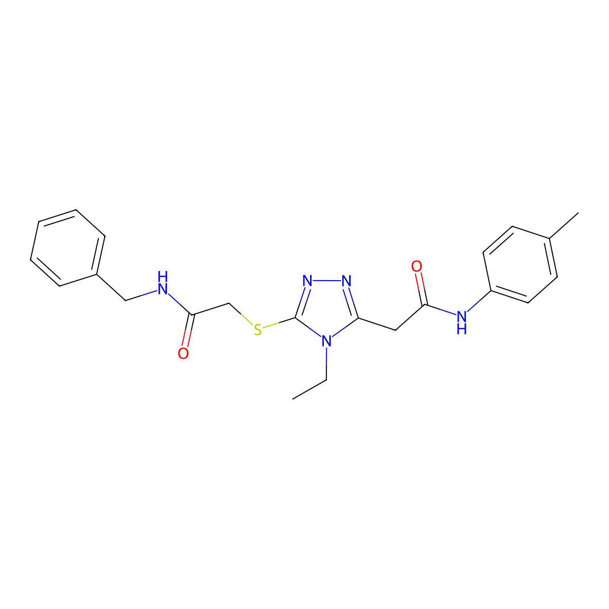 2-[5-[2-(benzylamino)-2-oxoethyl]sulfanyl-4-ethyl-1,2,4-triazol-3-yl]-N-(4-methylphenyl)acetamide molecular structure, CAS 701923-22-0