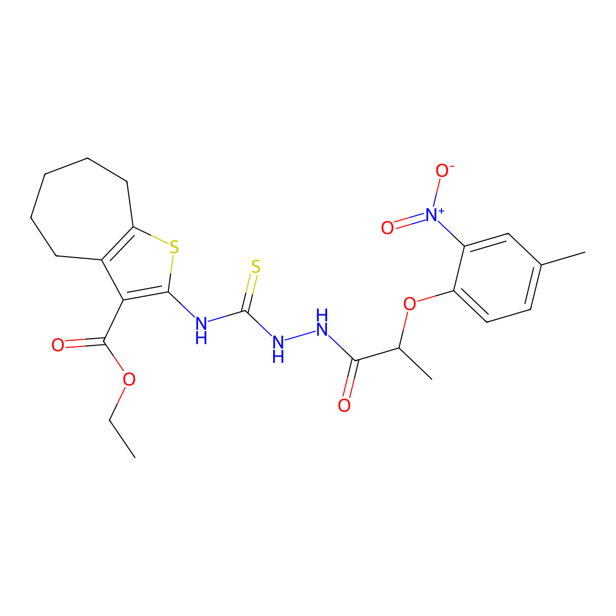 ethyl 2-[({2-[2-(4-methyl-2-nitrophenoxy)propanoyl]hydrazinyl}carbonothioyl)amino]-5,6,7,8-tetrahydro-4H-cyclohepta[b]thiophene-3-carboxylate molecular structure, CAS 701923-50-4
