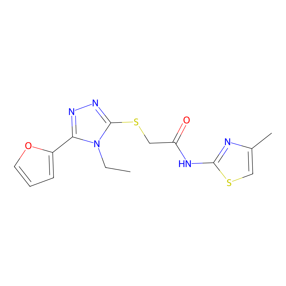 2-[[4-ethyl-5-(furan-2-yl)-1,2,4-triazol-3-yl]sulfanyl]-N-(4-methyl-1,3-thiazol-2-yl)acetamide molecular structure, CAS 701924-32-5