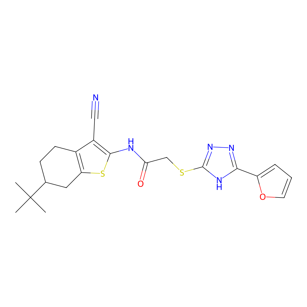 N-(6-tert-butyl-3-cyano-4,5,6,7-tetrahydro-1-benzothiophen-2-yl)-2-[[5-(furan-2-yl)-1H-1,2,4-triazol-3-yl]sulfanyl]acetamide molecular structure, CAS 701924-95-0