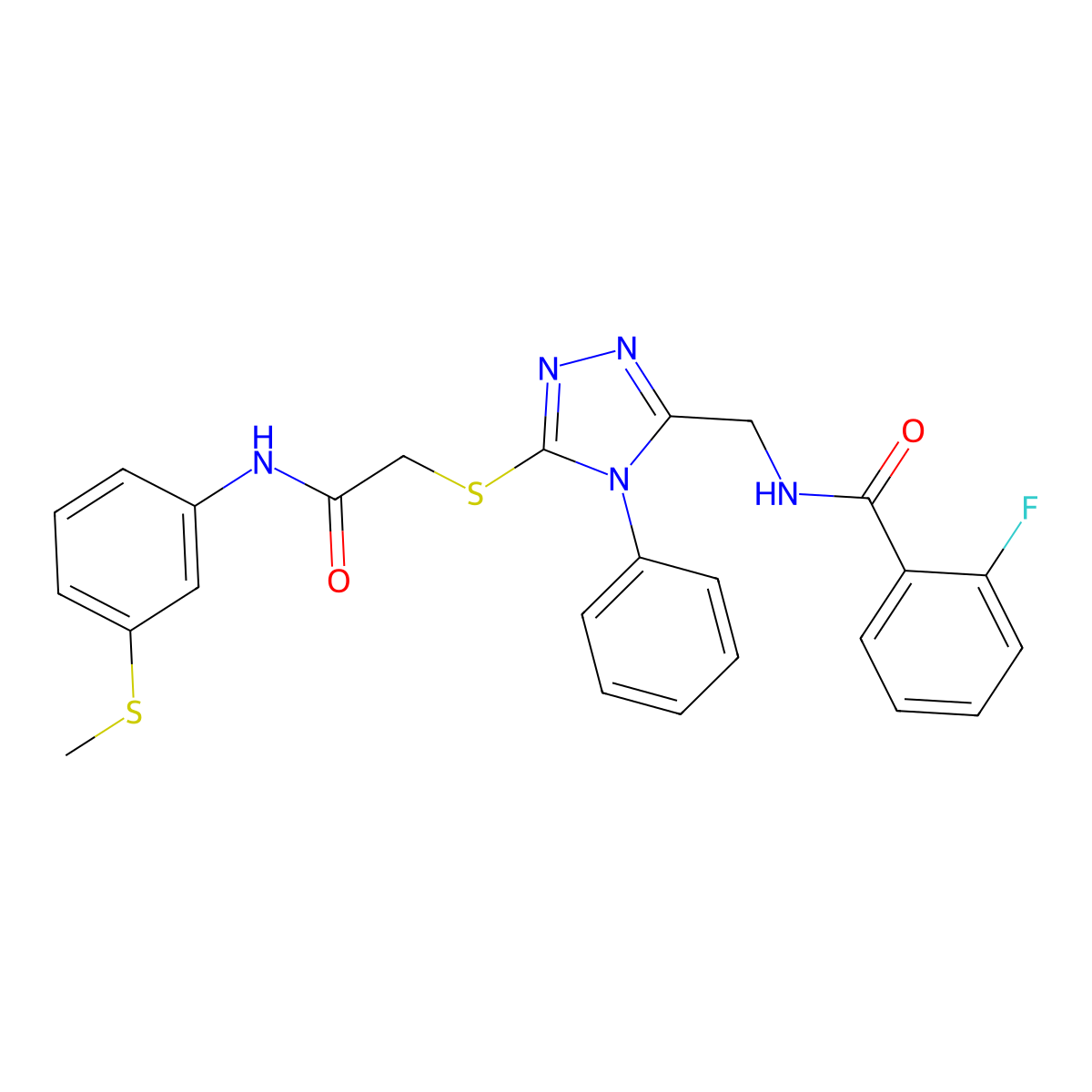 2-fluoro-N-[[5-[2-(3-methylsulfanylanilino)-2-oxoethyl]sulfanyl-4-phenyl-1,2,4-triazol-3-yl]methyl]benzamide molecular structure, CAS 701925-04-4