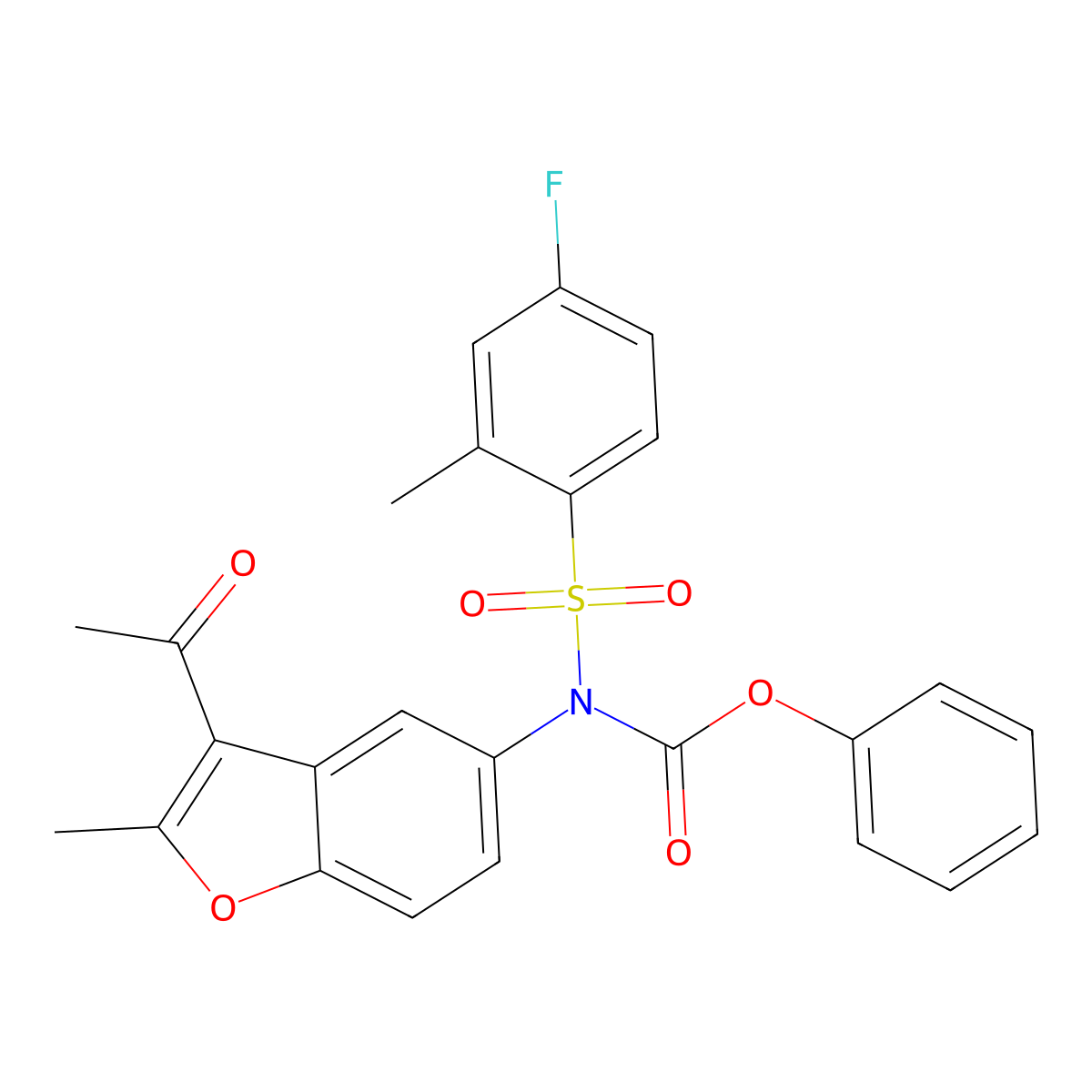 Phenyl (3-acetyl-2-methylbenzofuran-5-yl)((4-fluoro-2-methylphenyl)sulfonyl)carbamate molecular structure, CAS 701925-27-1