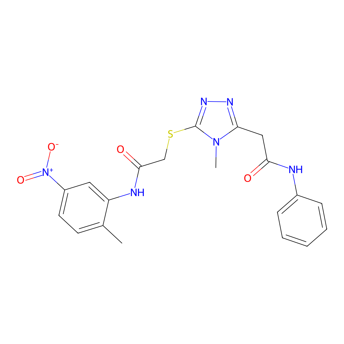 2-[4-methyl-5-[2-(2-methyl-5-nitroanilino)-2-oxoethyl]sulfanyl-1,2,4-triazol-3-yl]-N-phenylacetamide molecular structure, CAS 701925-64-6