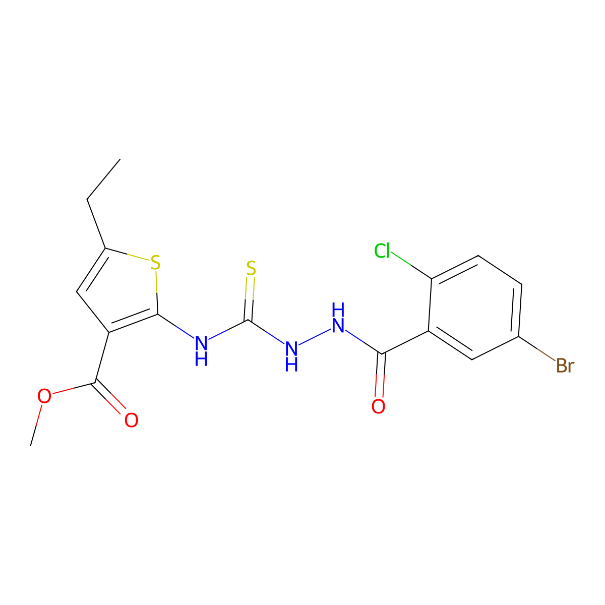 Methyl 2-[({2-[(5-bromo-2-chlorophenyl)carbonyl]hydrazinyl}carbonothioyl)amino]-5-ethylthiophene-3-carboxylate molecular structure, CAS 701926-60-5