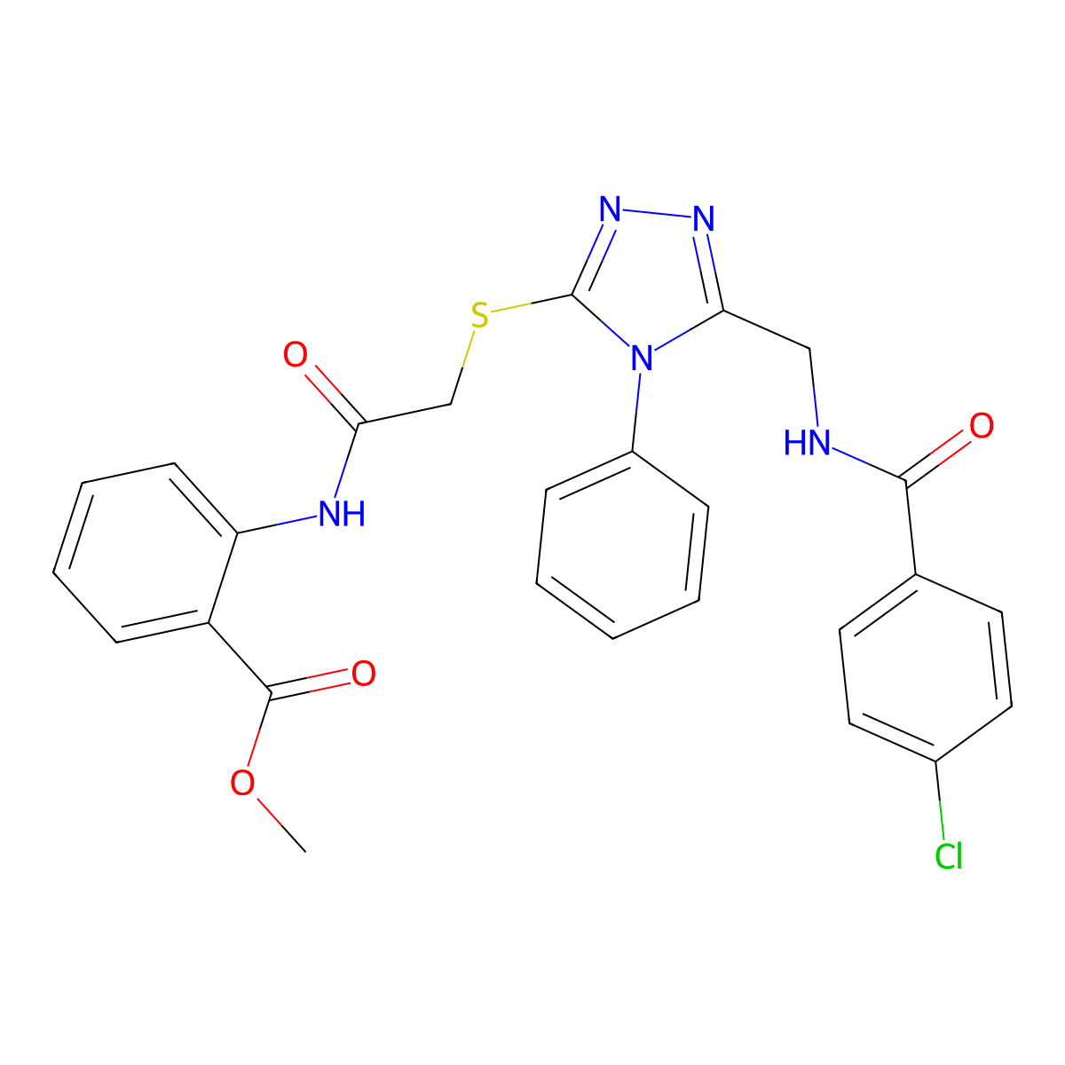 methyl 2-[({[5-({[(4-chlorophenyl)carbonyl]amino}methyl)-4-phenyl-4H-1,2,4-triazol-3-yl]sulfanyl}acetyl)amino]benzoate molecular structure, CAS 701927-70-0