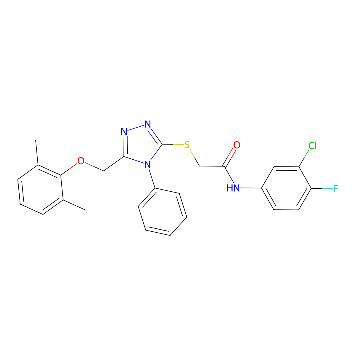 N-(3-chloro-4-fluorophenyl)-2-[[5-[(2,6-dimethylphenoxy)methyl]-4-phenyl-1,2,4-triazol-3-yl]sulfanyl]acetamide molecular structure, CAS 701928-04-3