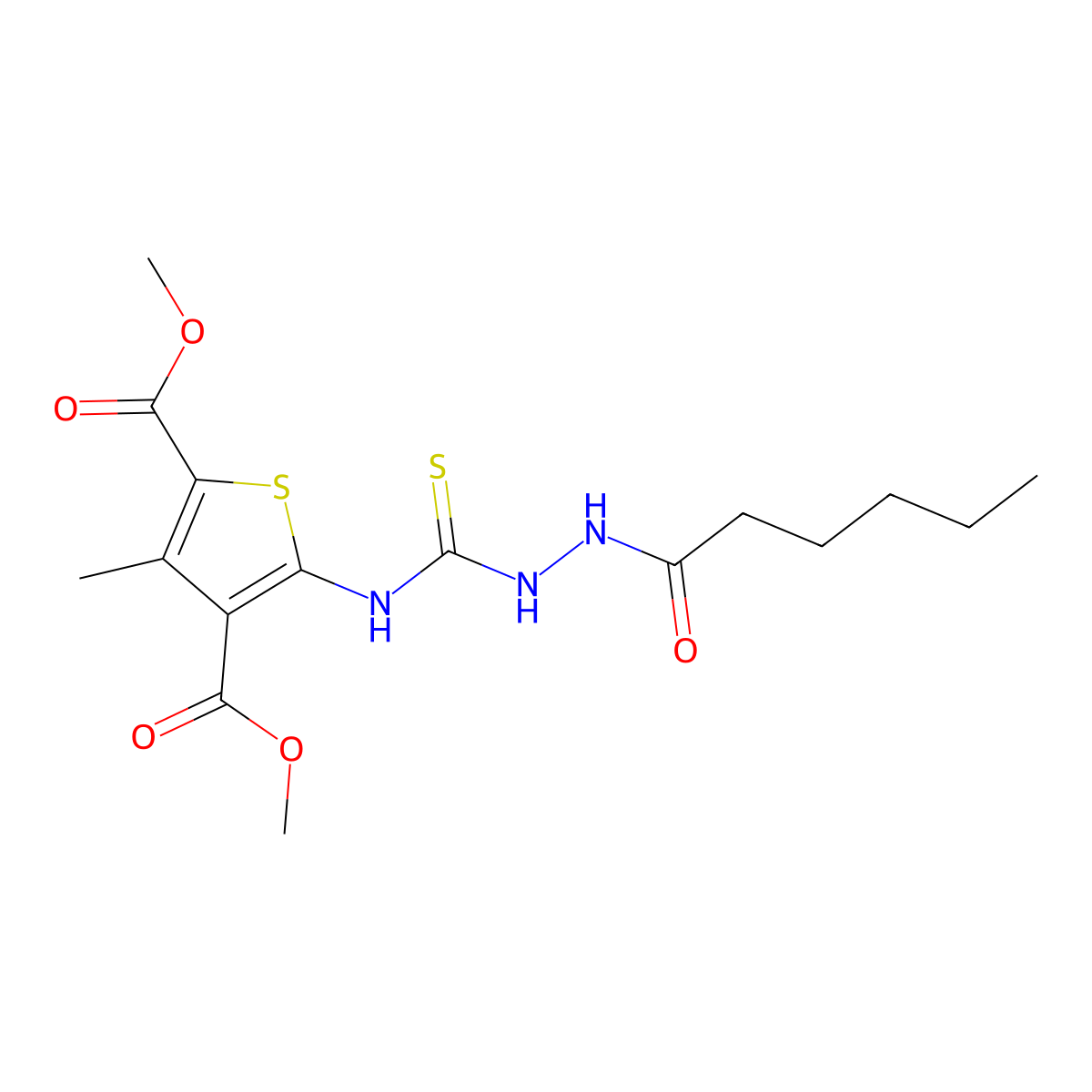 Dimethyl 5-{[(2-hexanoylhydrazinyl)carbonothioyl]amino}-3-methylthiophene-2,4-dicarboxylate molecular structure, CAS 701929-32-0