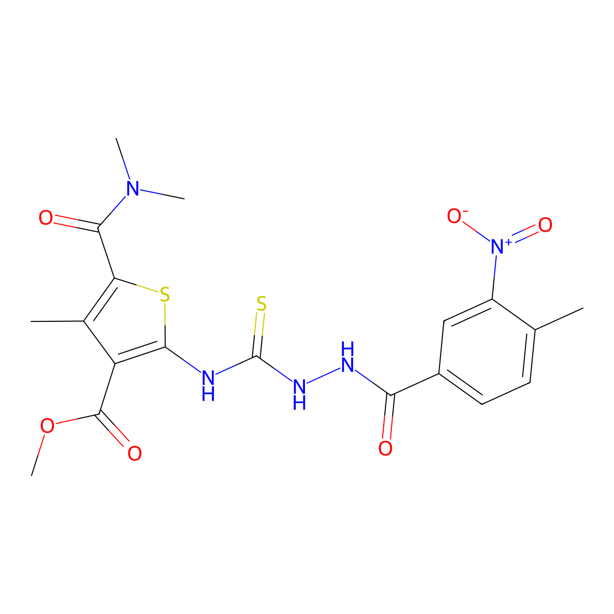 Methyl 5-(dimethylcarbamoyl)-4-methyl-2-[({2-[(4-methyl-3-nitrophenyl)carbonyl]hydrazinyl}carbonothioyl)amino]thiophene-3-carboxylate molecular structure, CAS 701930-47-4