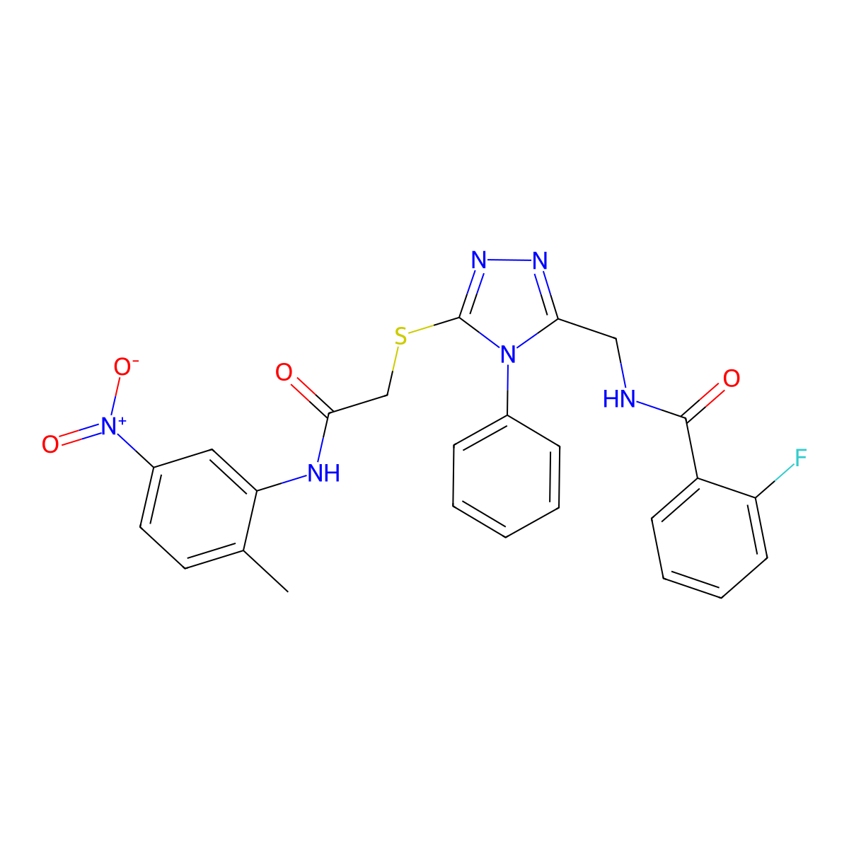 2-fluoro-N-[[5-[2-(2-methyl-5-nitroanilino)-2-oxoethyl]sulfanyl-4-phenyl-1,2,4-triazol-3-yl]methyl]benzamide molecular structure, CAS 701931-35-3