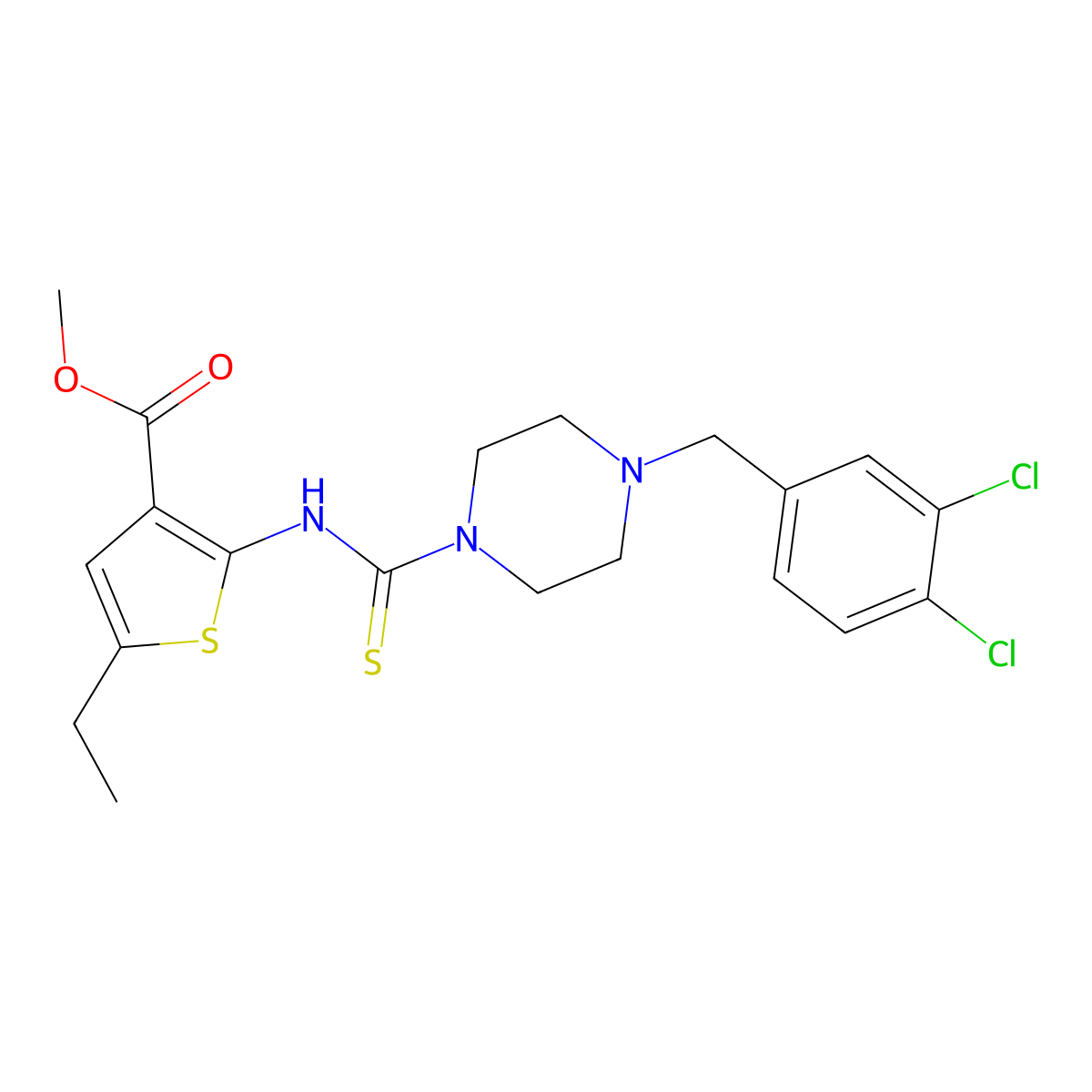 Methyl 2-({[4-(3,4-dichlorobenzyl)piperazin-1-yl]carbonothioyl}amino)-5-ethylthiophene-3-carboxylate molecular structure, CAS 701931-37-5
