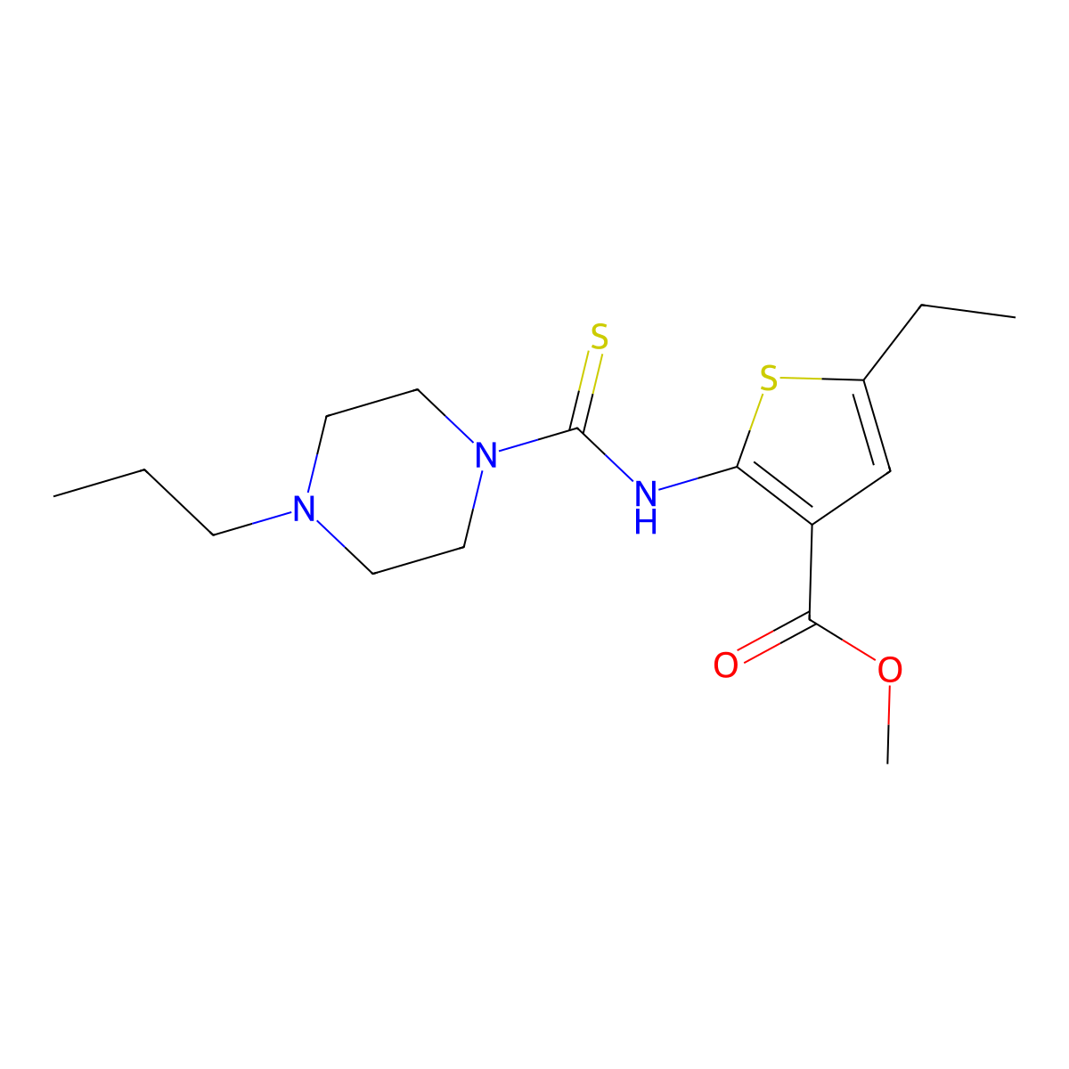 Methyl 5-ethyl-2-{[(4-propyl-1-piperazinyl)carbonothioyl]amino}-3-thiophenecarboxylate molecular structure, CAS 701931-58-0