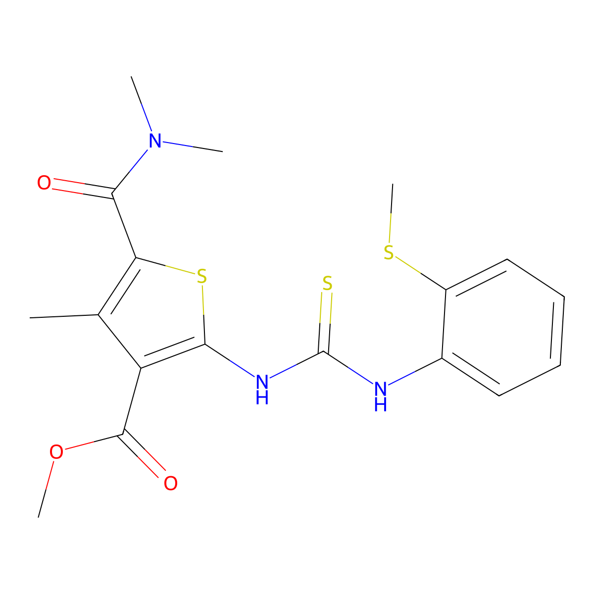Methyl 5-(dimethylcarbamoyl)-4-methyl-2-({[2-(methylsulfanyl)phenyl]carbamothioyl}amino)thiophene-3-carboxylate molecular structure, CAS 701933-38-2