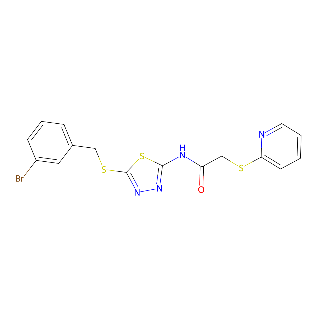 N-[5-[(3-bromophenyl)methylsulfanyl]-1,3,4-thiadiazol-2-yl]-2-pyridin-2-ylsulfanylacetamide molecular structure, CAS 701933-48-4