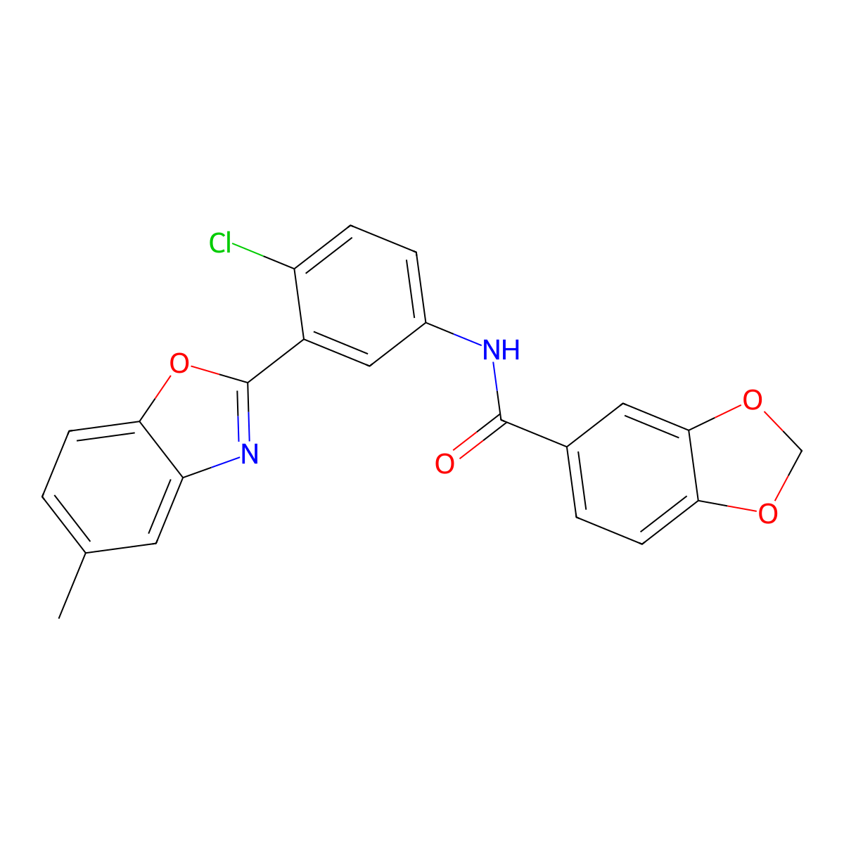 N-[4-chloro-3-(5-methyl-1,3-benzoxazol-2-yl)phenyl]-1,3-benzodioxole-5-carboxamide molecular structure, CAS 701937-83-9