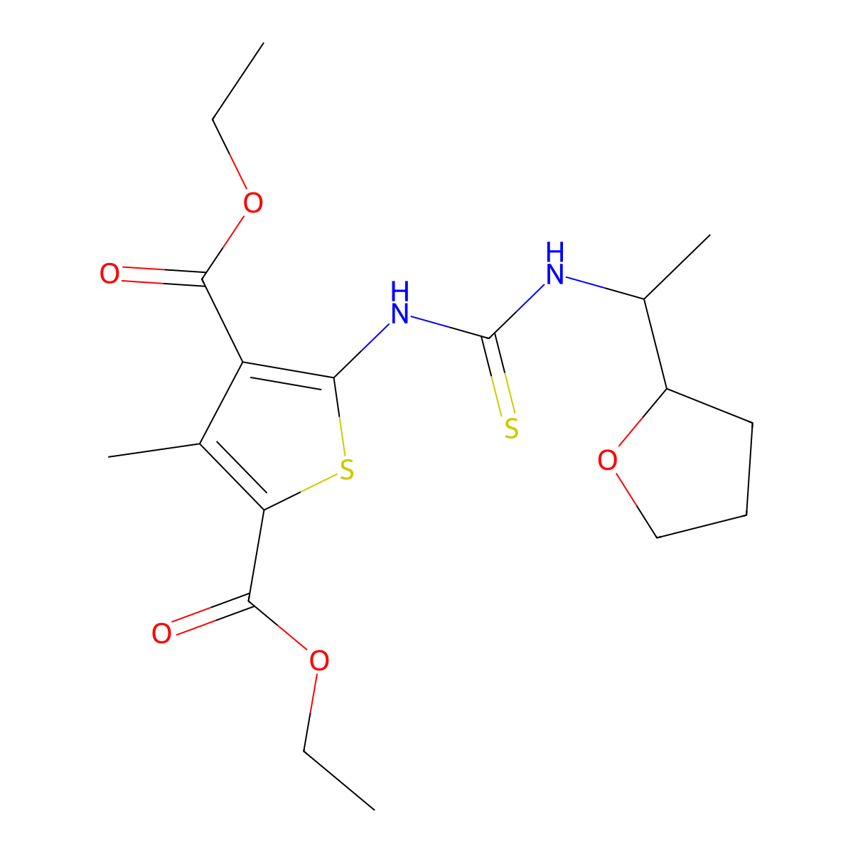 Diethyl 3-methyl-5-({[1-(tetrahydrofuran-2-yl)ethyl]carbamothioyl}amino)thiophene-2,4-dicarboxylate molecular structure, CAS 701938-71-8