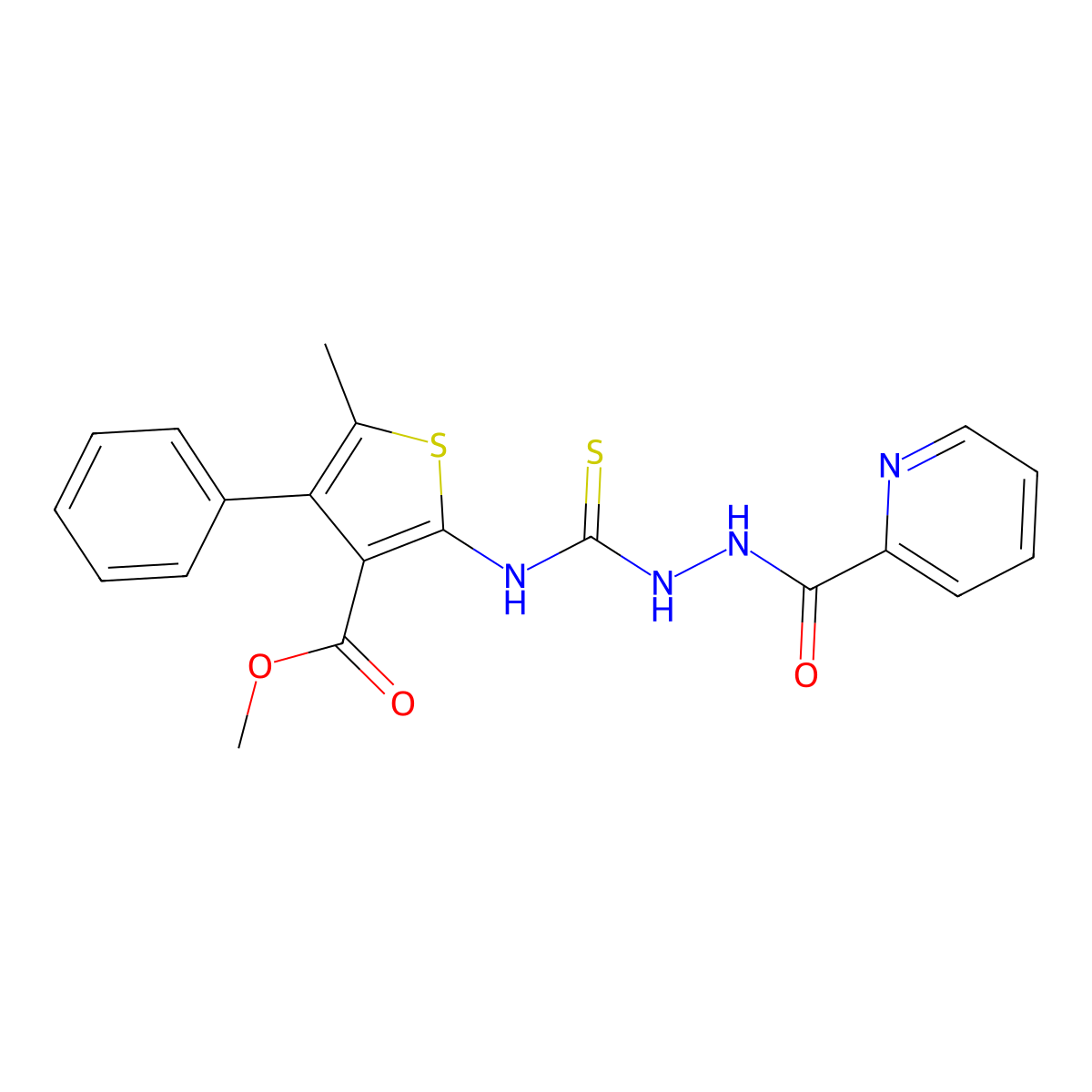 Methyl 5-methyl-4-phenyl-2-({[(2-pyridylcarbonylamino)amino]thioxomethyl}amino)thiophene-3-carboxylate molecular structure, CAS 701940-22-9