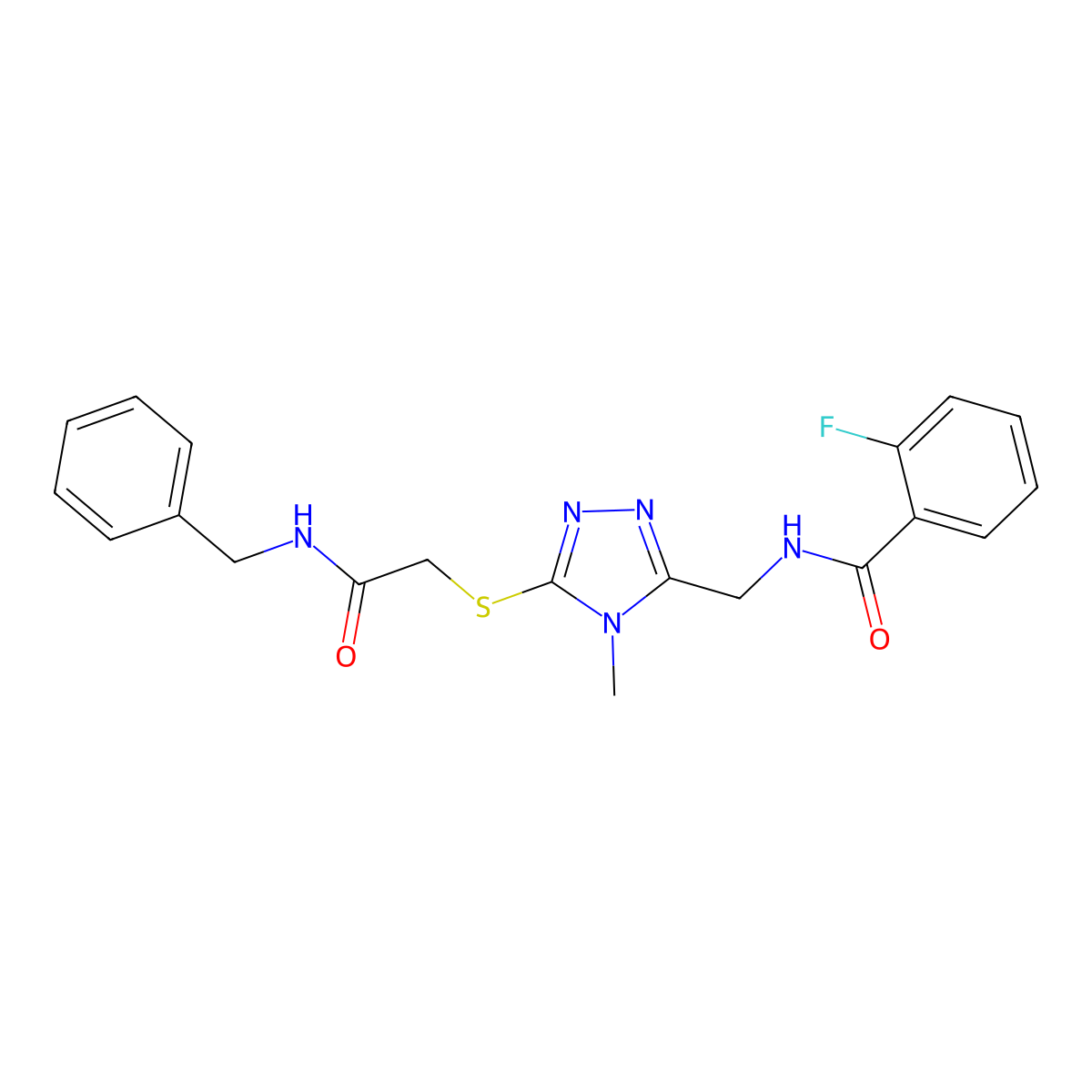 N-[[5-[2-(benzylamino)-2-oxoethyl]sulfanyl-4-methyl-1,2,4-triazol-3-yl]methyl]-2-fluorobenzamide molecular structure, CAS 701941-23-3