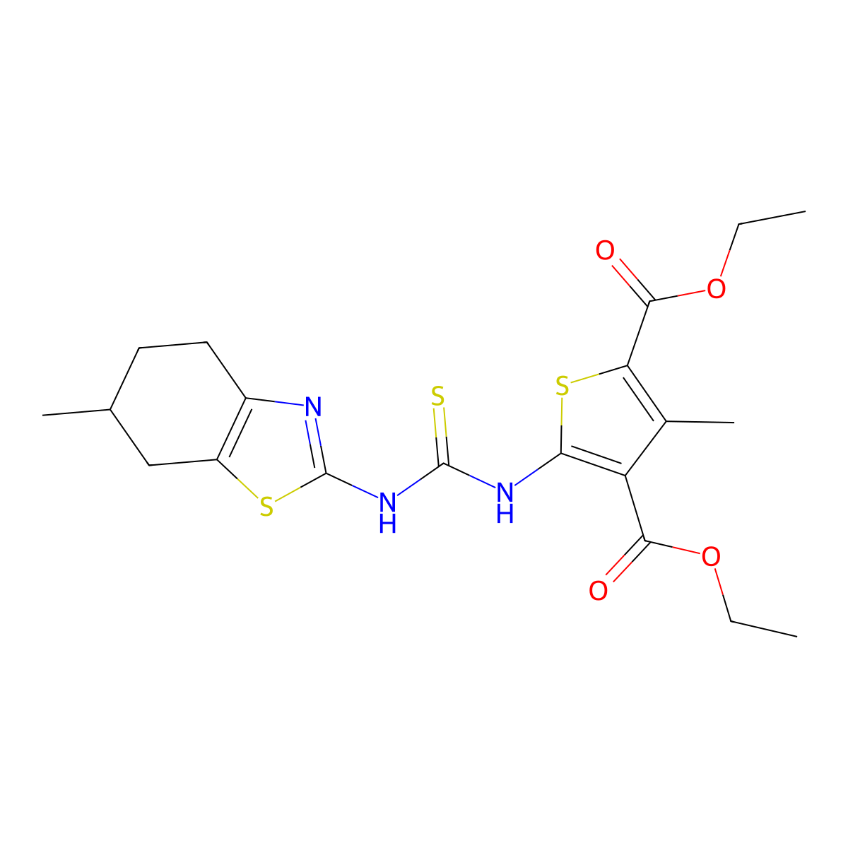 Diethyl 3-methyl-5-{[(6-methyl-4,5,6,7-tetrahydro-1,3-benzothiazol-2-yl)carbamothioyl]amino}thiophene-2,4-dicarboxylate molecular structure, CAS 701942-01-0