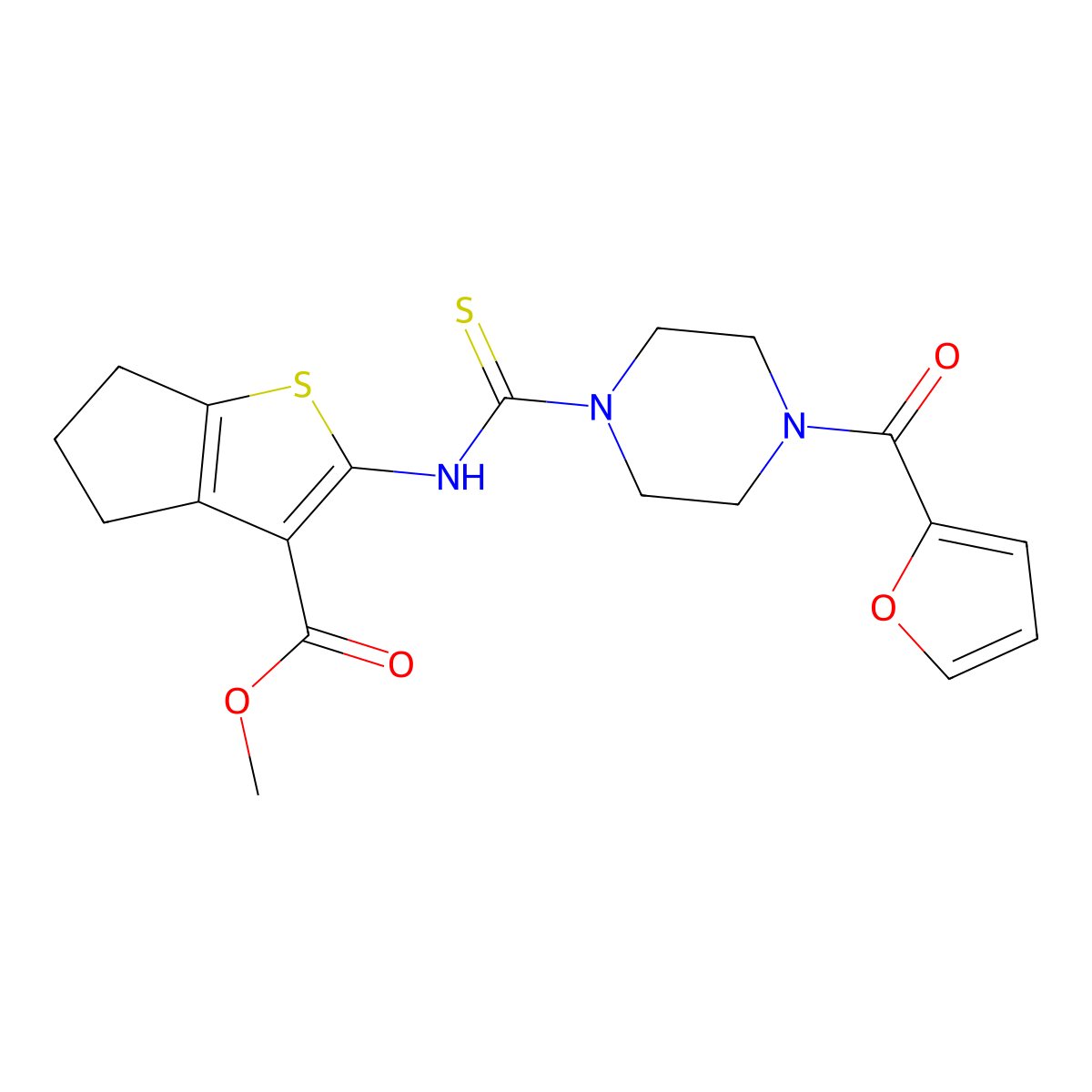 methyl 2-({[4-(furan-2-ylcarbonyl)piperazin-1-yl]carbonothioyl}amino)-5,6-dihydro-4H-cyclopenta[b]thiophene-3-carboxylate molecular structure, CAS 701942-17-8