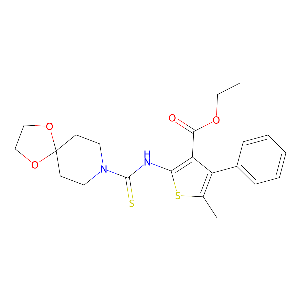 Ethyl 2-[(1,4-dioxa-8-azaspiro[4.5]dec-8-ylcarbonothioyl)amino]-5-methyl-4-phenylthiophene-3-carboxylate molecular structure, CAS 701944-75-4