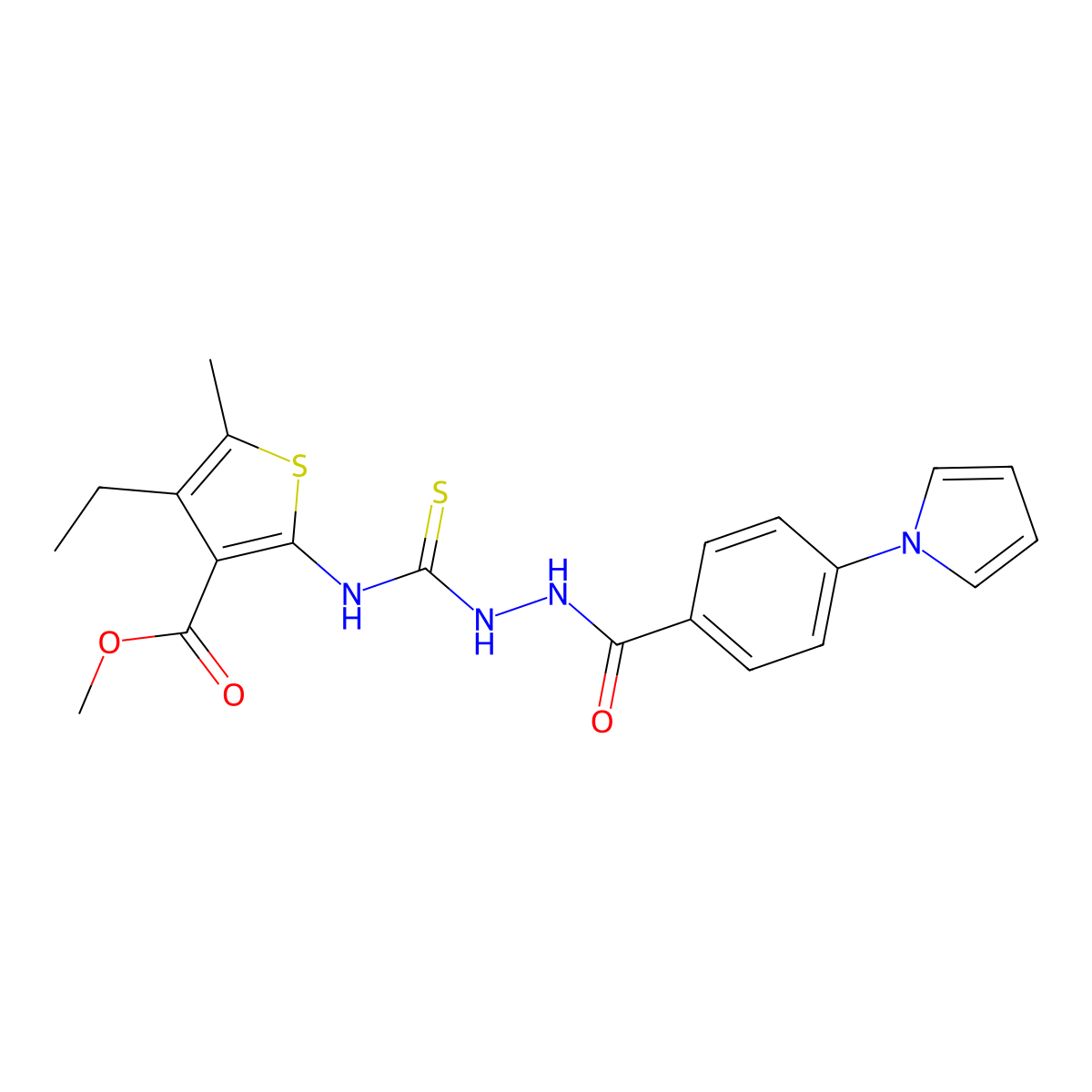 methyl 4-ethyl-5-methyl-2-{[(2-{[4-(1H-pyrrol-1-yl)phenyl]carbonyl}hydrazinyl)carbonothioyl]amino}thiophene-3-carboxylate molecular structure, CAS 701944-83-4