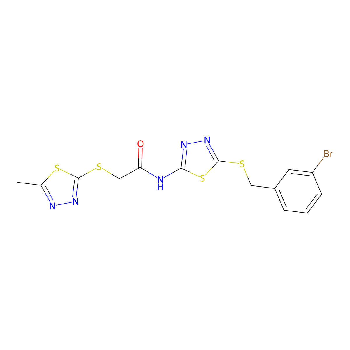 N-[5-[(3-bromophenyl)methylsulfanyl]-1,3,4-thiadiazol-2-yl]-2-[(5-methyl-1,3,4-thiadiazol-2-yl)sulfanyl]acetamide molecular structure, CAS 701945-50-8
