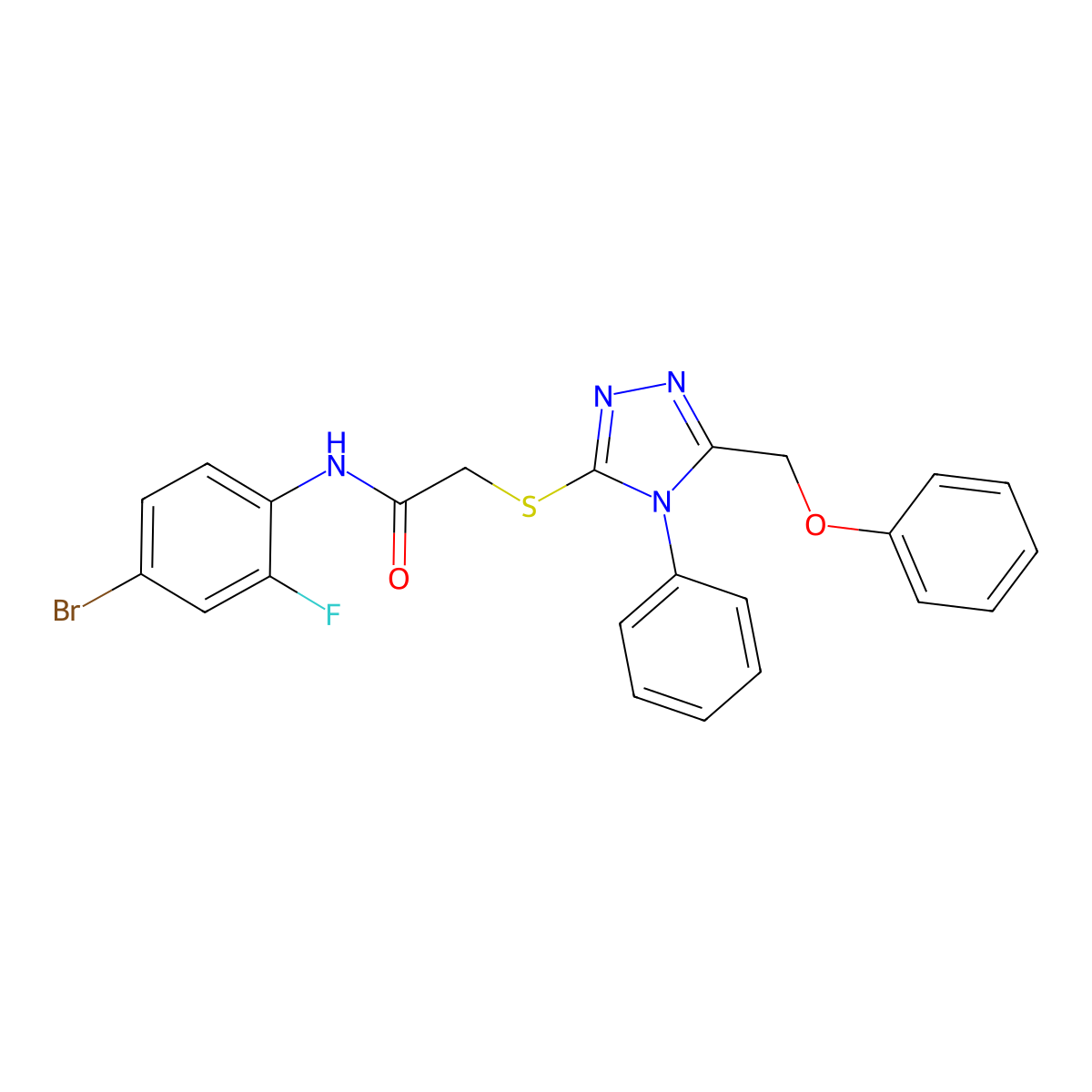 N-(4-bromo-2-fluorophenyl)-2-[[5-(phenoxymethyl)-4-phenyl-1,2,4-triazol-3-yl]sulfanyl]acetamide molecular structure, CAS 701945-57-5