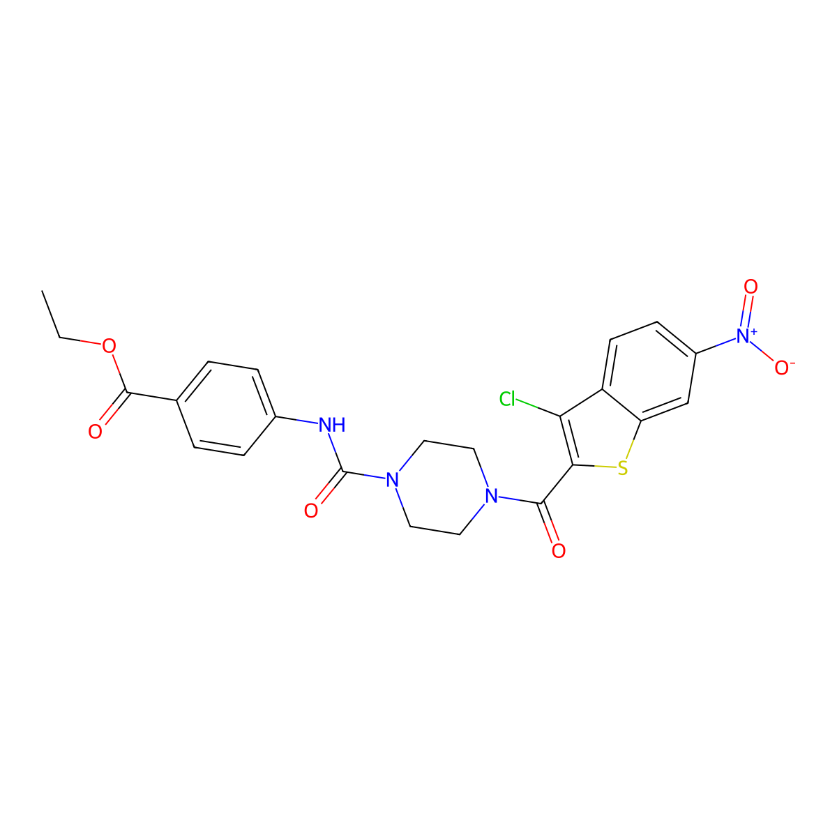 Ethyl 4-[({4-[(3-chloro-6-nitro-1-benzothiophen-2-yl)carbonyl]piperazin-1-yl}carbonyl)amino]benzoate molecular structure, CAS 701945-76-8
