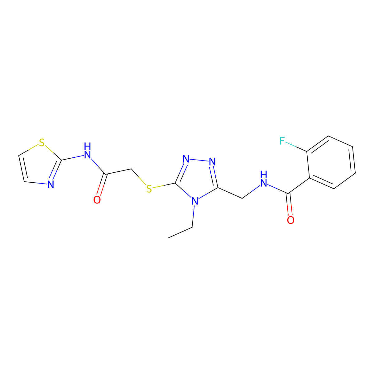 N-[[4-ethyl-5-[2-oxo-2-(1,3-thiazol-2-ylamino)ethyl]sulfanyl-1,2,4-triazol-3-yl]methyl]-2-fluorobenzamide molecular structure, CAS 701946-01-2