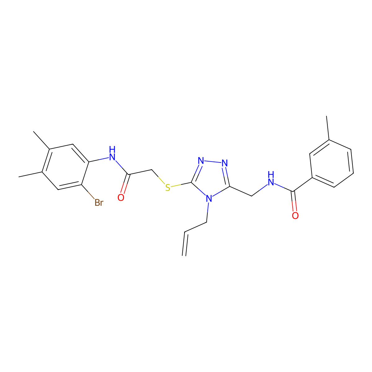 N-[[5-[2-(2-bromo-4,5-dimethylanilino)-2-oxoethyl]sulfanyl-4-prop-2-enyl-1,2,4-triazol-3-yl]methyl]-3-methylbenzamide molecular structure, CAS 701946-47-6
