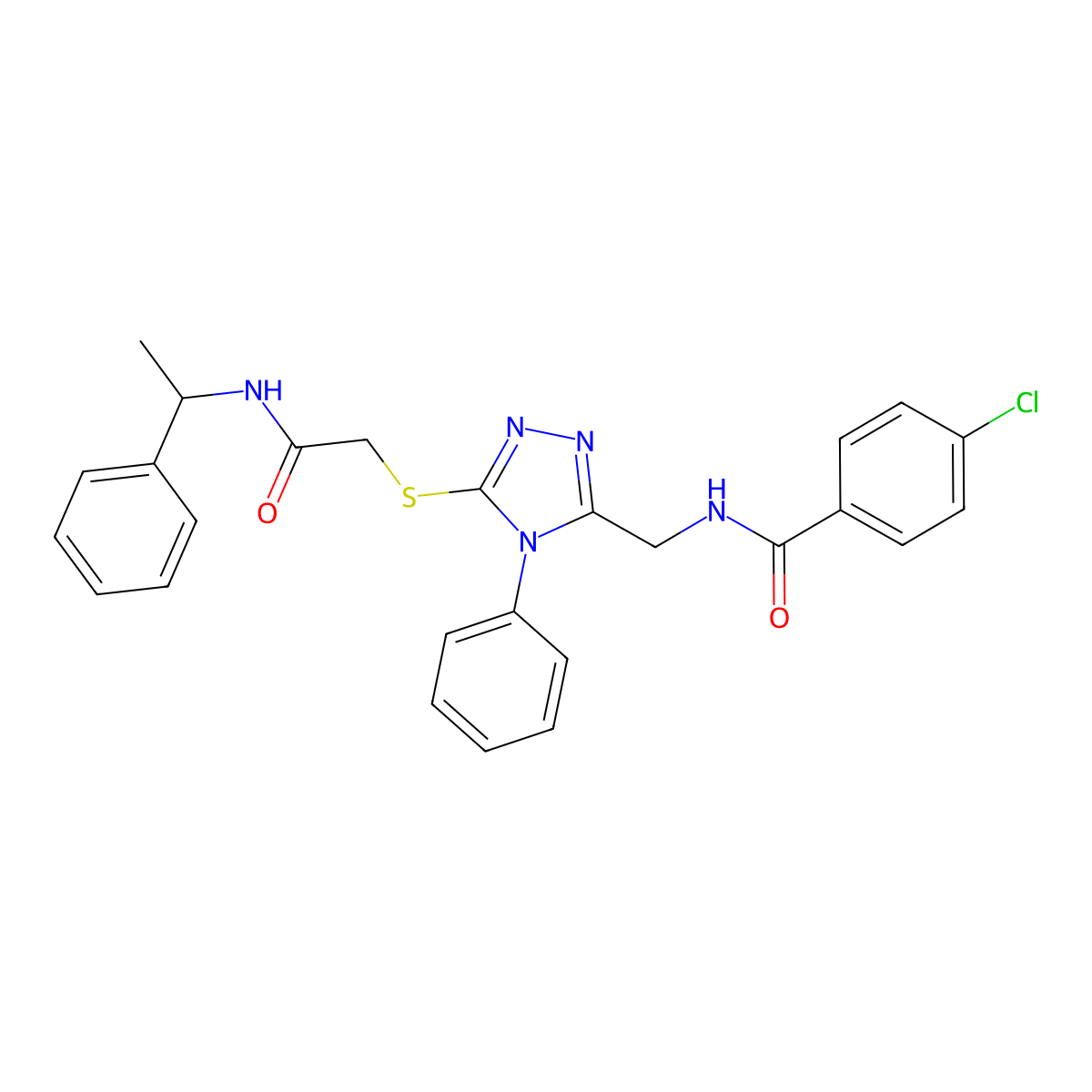 4-chloro-N-{[5-({2-oxo-2-[(1-phenylethyl)amino]ethyl}sulfanyl)-4-phenyl-4H-1,2,4-triazol-3-yl]methyl}benzamide molecular structure, CAS 701946-64-7