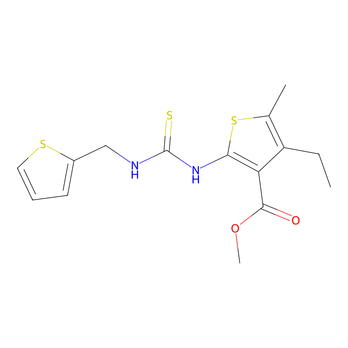 Methyl 4-ethyl-5-methyl-2-{[(thiophen-2-ylmethyl)carbamothioyl]amino}thiophene-3-carboxylate molecular structure, CAS 701946-79-4