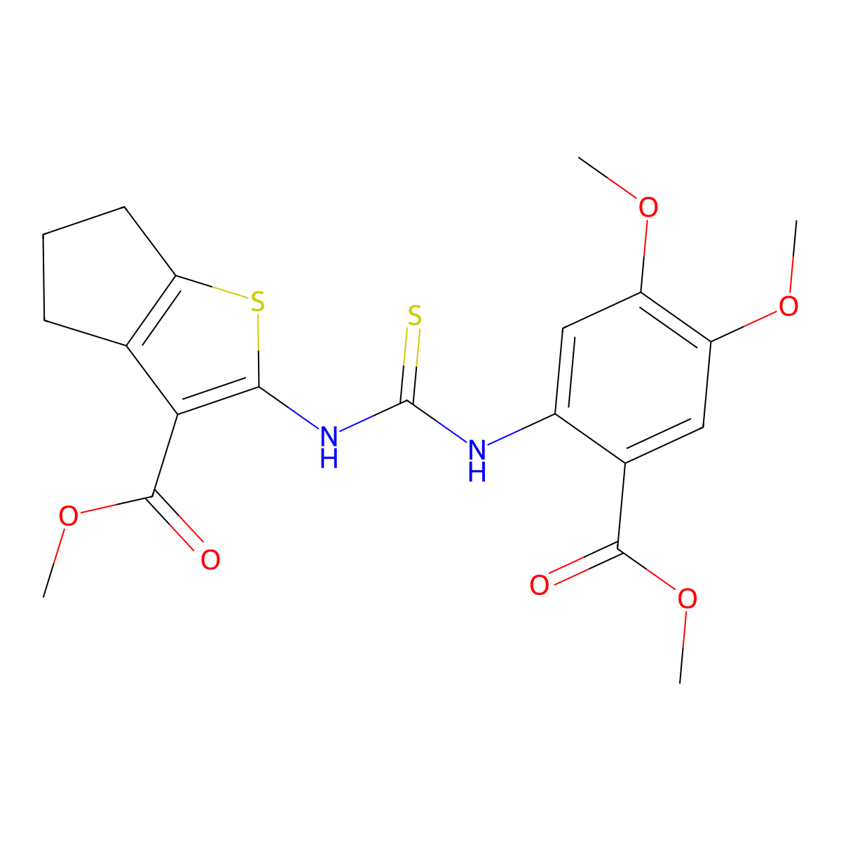 methyl 2-({[4,5-dimethoxy-2-(methoxycarbonyl)phenyl]carbamothioyl}amino)-5,6-dihydro-4H-cyclopenta[b]thiophene-3-carboxylate molecular structure, CAS 701947-46-8