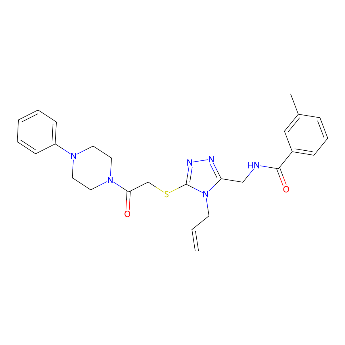 3-methyl-N-[[5-[2-oxo-2-(4-phenylpiperazin-1-yl)ethyl]sulfanyl-4-prop-2-enyl-1,2,4-triazol-3-yl]methyl]benzamide molecular structure, CAS 701948-22-3