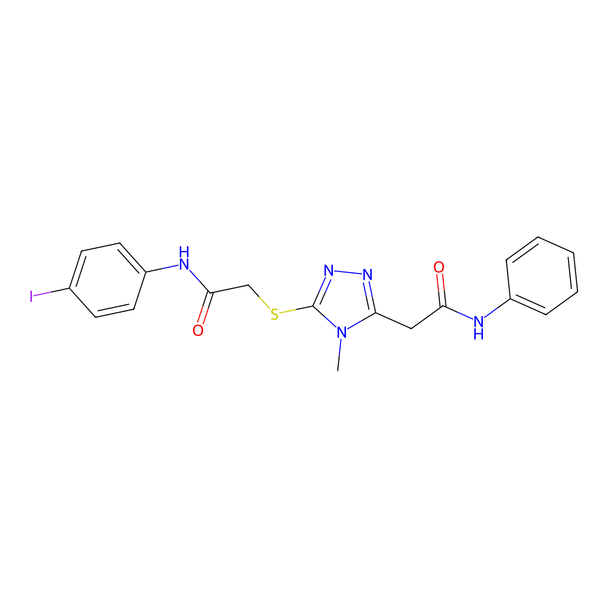2-[5-[2-(4-iodoanilino)-2-oxoethyl]sulfanyl-4-methyl-1,2,4-triazol-3-yl]-N-phenylacetamide molecular structure, CAS 701948-36-9