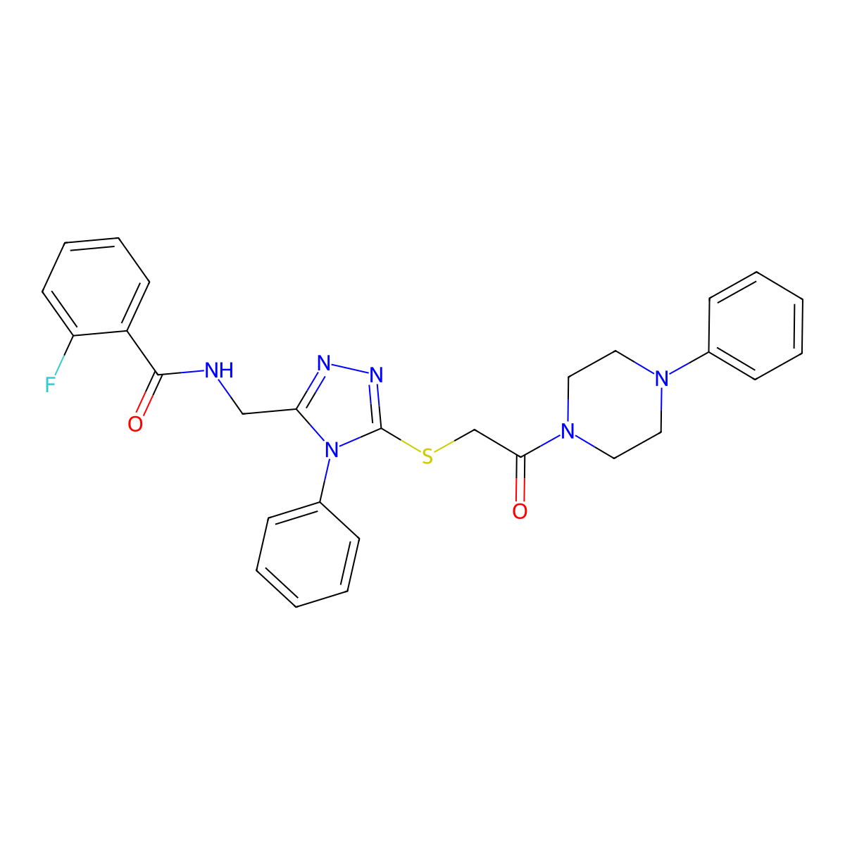 2-fluoro-N-[[5-[2-oxo-2-(4-phenylpiperazin-1-yl)ethyl]sulfanyl-4-phenyl-1,2,4-triazol-3-yl]methyl]benzamide molecular structure, CAS 701951-69-1