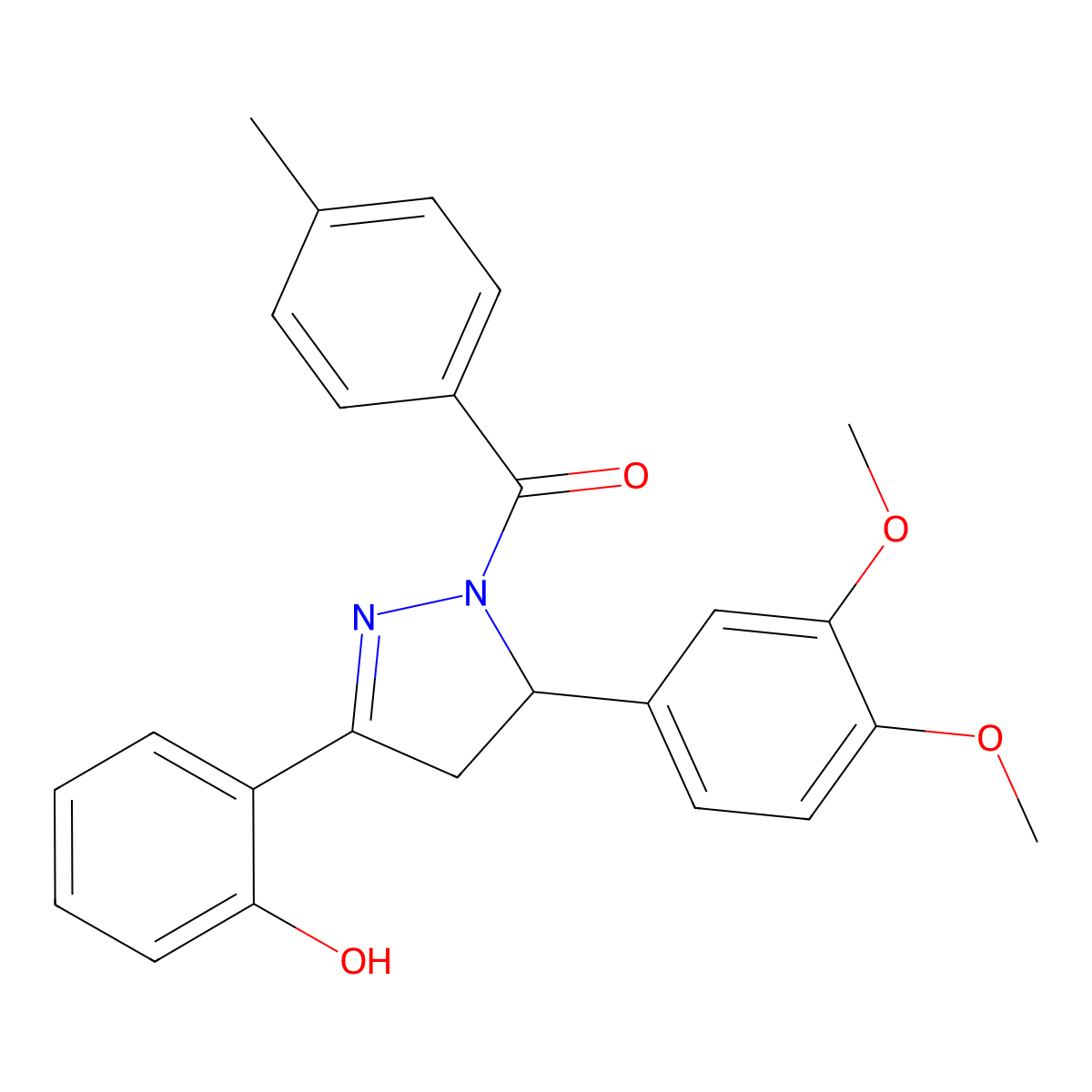 (5-(3,4-dimethoxyphenyl)-3-(2-hydroxyphenyl)-4,5-dihydro-1H-pyrazol-1-yl)(p-tolyl)methanone molecular structure, CAS 701953-22-2