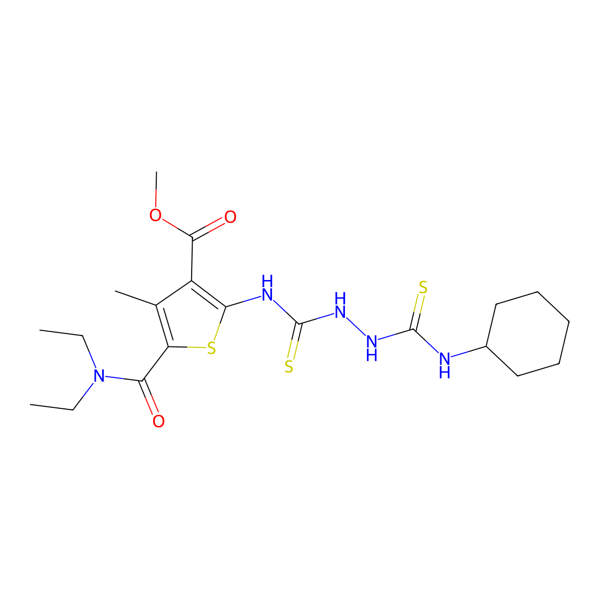 Methyl 2-({[2-(cyclohexylcarbamothioyl)hydrazinyl]carbonothioyl}amino)-5-(diethylcarbamoyl)-4-methylthiophene-3-carboxylate molecular structure, CAS 701953-52-8