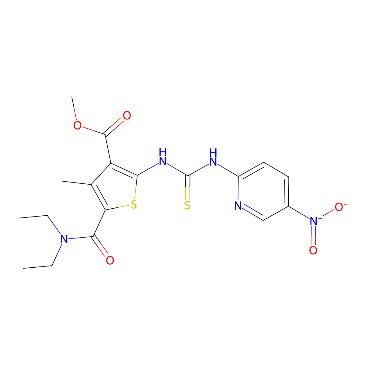 Methyl 5-(diethylcarbamoyl)-4-methyl-2-{[(5-nitropyridin-2-yl)carbamothioyl]amino}thiophene-3-carboxylate molecular structure, CAS 701953-65-3