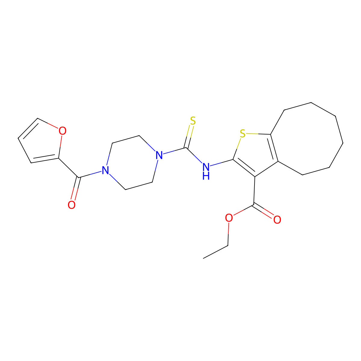 Ethyl 2-({[4-(furan-2-ylcarbonyl)piperazin-1-yl]carbonothioyl}amino)-4,5,6,7,8,9-hexahydrocycloocta[b]thiophene-3-carboxylate molecular structure, CAS 701953-87-9